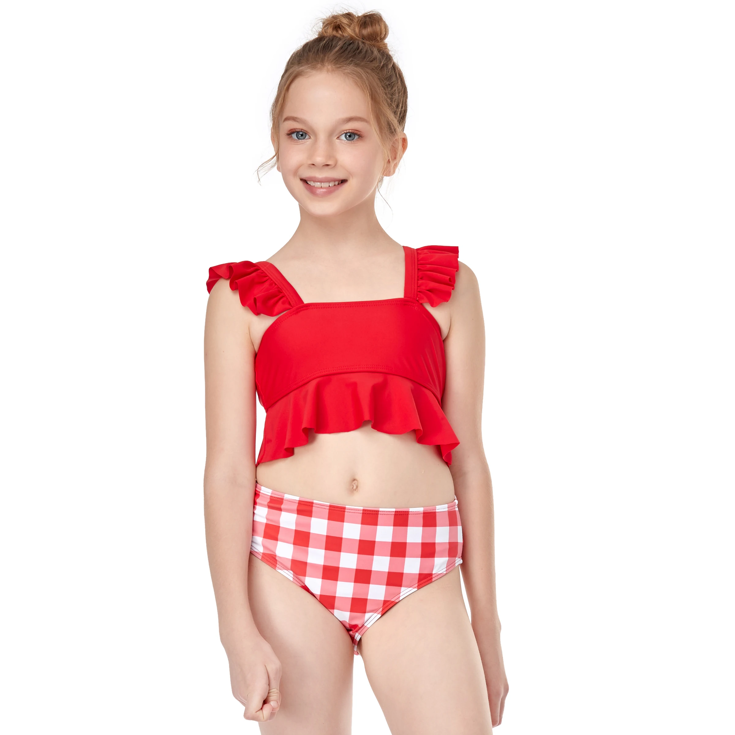 

Girl\u2019s 2Pcs Swimwear Set Solid Color Square Neck Ruffled Tank Tops with Checked High Waist Triangle Bottoms