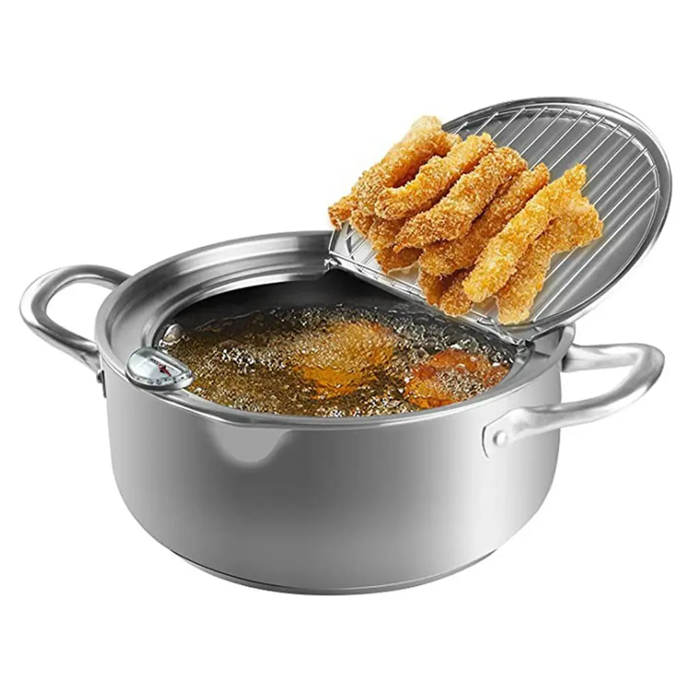 japanese deep frying pot with a thermometer and a lid 304 stainless steel kitchen tempura fryer pan 20 24cm cooking tools free global shipping