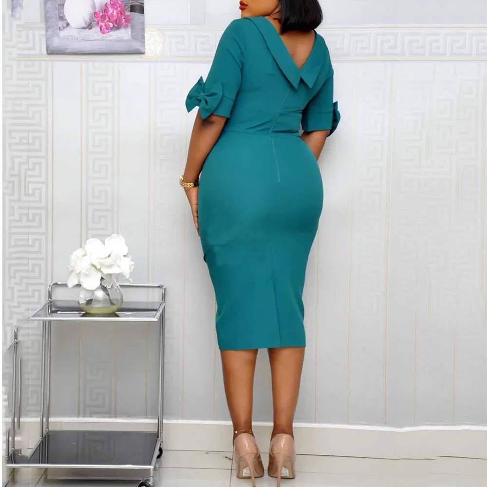 Women Midi Dress Elegant Vintage Office Ladies Yellow Sexy Peter Pan Collar Casual Dinner Party Female Retro OL Bodycon Dresses | Женская