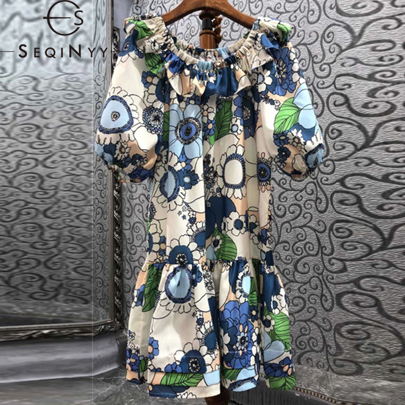 

SEQINYY Casual Mini Dress Summer Spring New Fashion Design Women Runway Puff Sleeve Ruffles Loose High Street Holiday