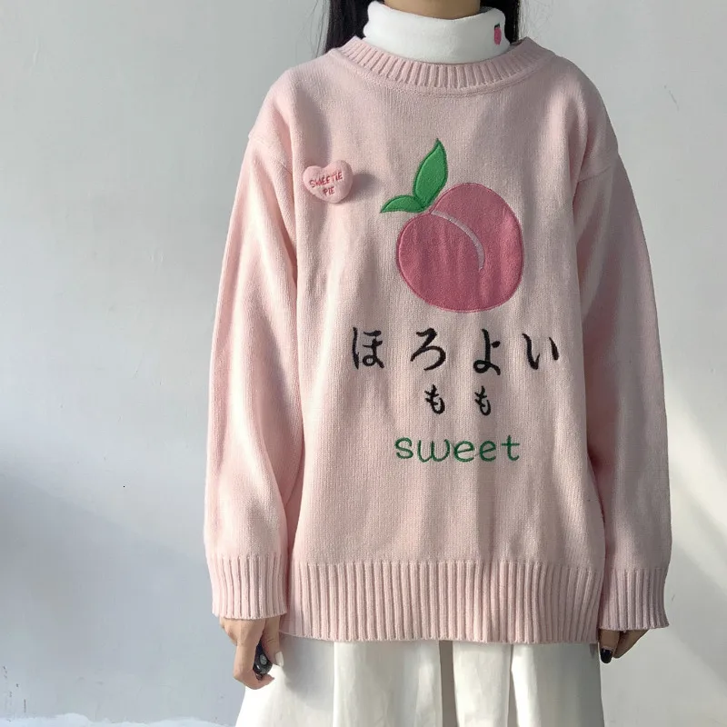 Peach Embroidery Pink Colour Lovely Woman Sweater Loose Round Neck Long Sleeve Female Autumn Winter Pullovers | Женская одежда