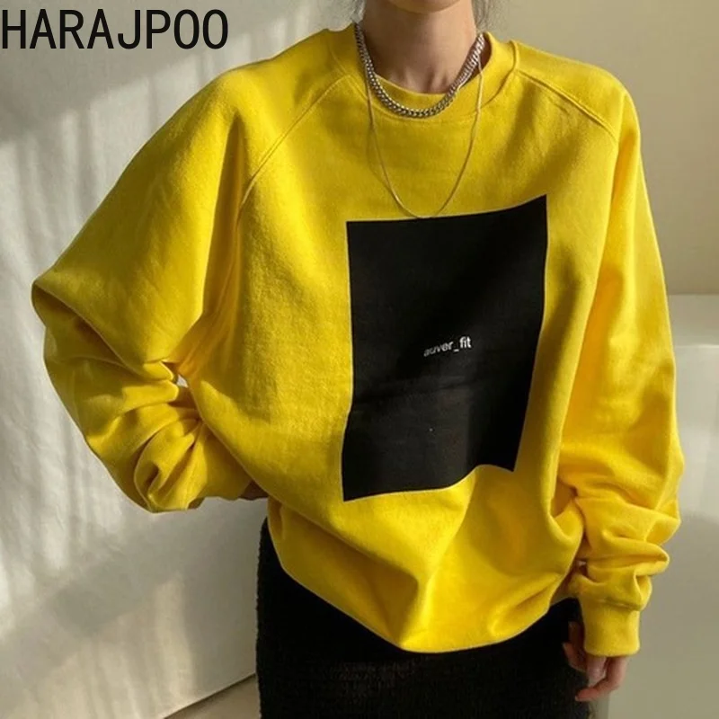 

Harajpoo Women Hoodies Letter Printing 2021 Spring Fall New Chic Casual Fashion Simplee Crewneck Color Contrast Loose Sweatshirt