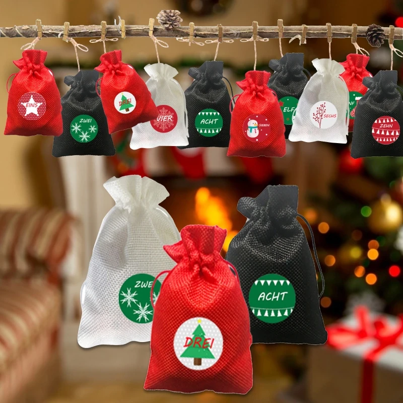 

K3NA 24pcs/set Christmas Advent Calendar Gift Candy Bags with Stickers Clips Drawstring Rope Wedding Party Decor