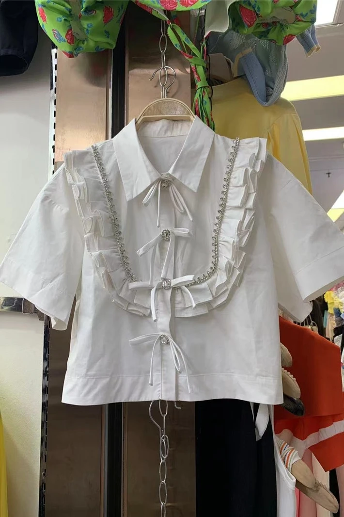 

Summer New Fashion Bow Stitching Diamonds Ruffled Short Shirt Sweet Straight All-Matching Top for Women Lapel White Blouse