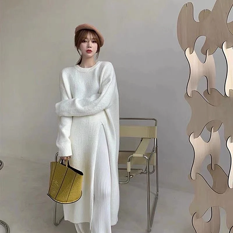 

Sweater 2021 new autumn and winter loose loose lazy pullover side slit over the knee long knitted sweater dress