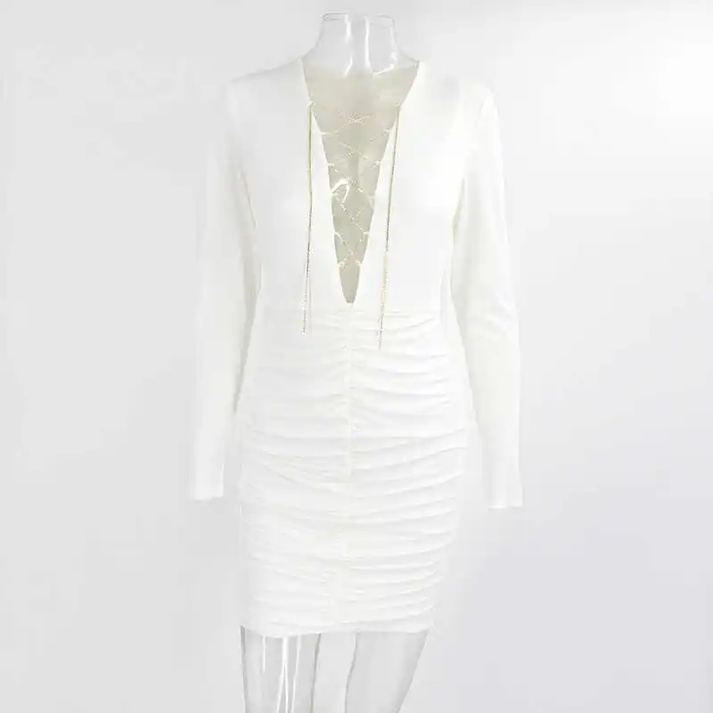 

Giyu Sexy Woman Dress 2021 Autumn Deep V Neck Chain Bodycon Club Party Mini Dresses Hollow Out Ruched Elegant White Vestidos