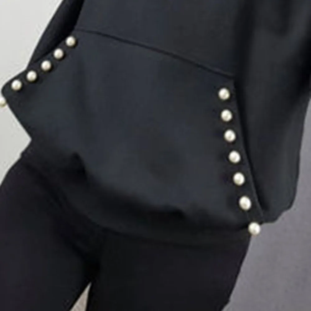 Свитшот женский с капюшоном однотонный черный уличный Топ бисером и в стиле