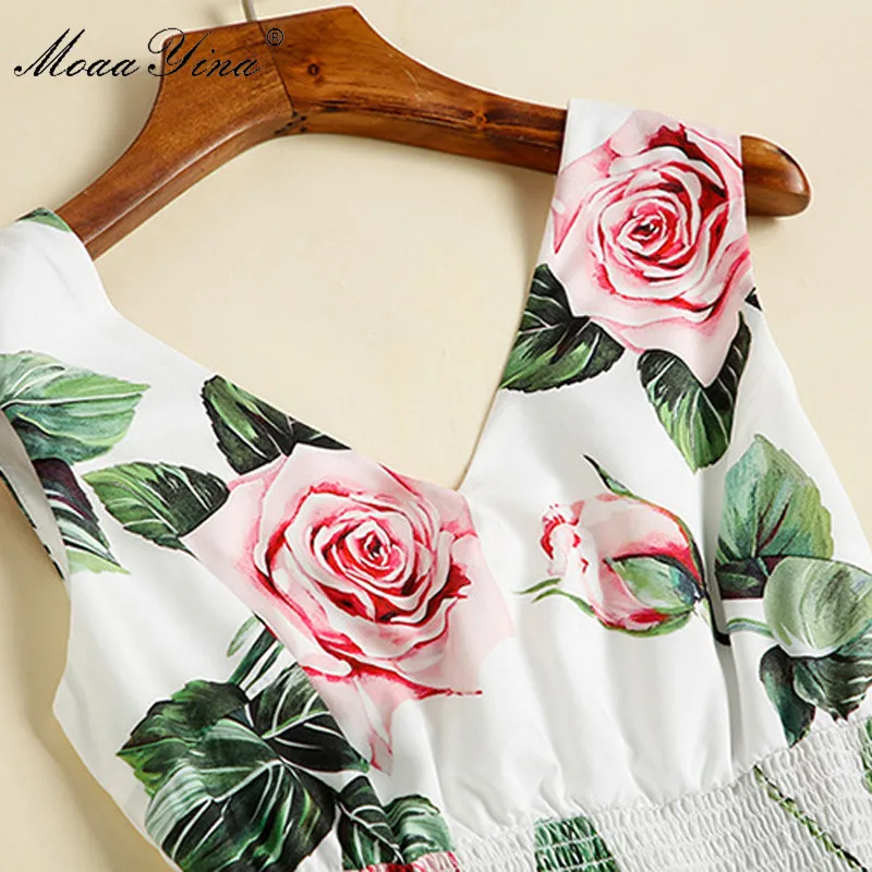 

MoaaYina Fashion Designer Female dress Summer Women's Dress V-neck Rose Floral-Print Elastic waist Dresses