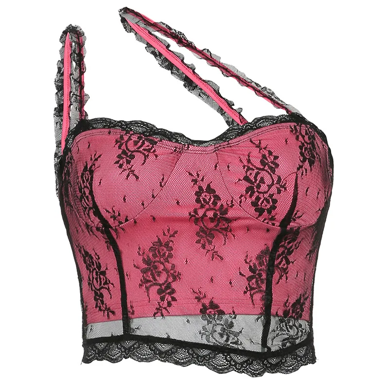 

Sexy Backless Floral Print Lace Splicing Crop Top 2021 Summer Women Sleeveless V Neck Spaghetti Strap Irregular Tank Tops