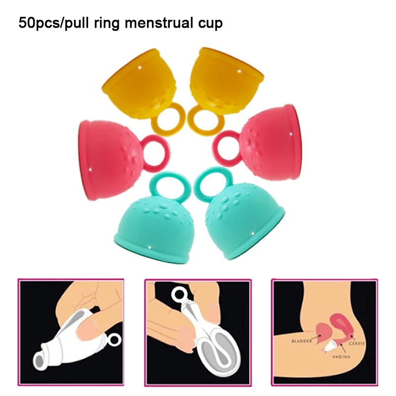 

50pcs NEW! Pull Ring Menstrual Cup Vaginal Hygiene Care During Menstrual Period Female Medical Grade Silicone Physiological Cup