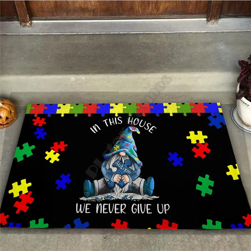 

In this house we never give up Irish Gnome Autism Awareness Doormat Non Slip Door Floor Mats Decor Porch Doormat