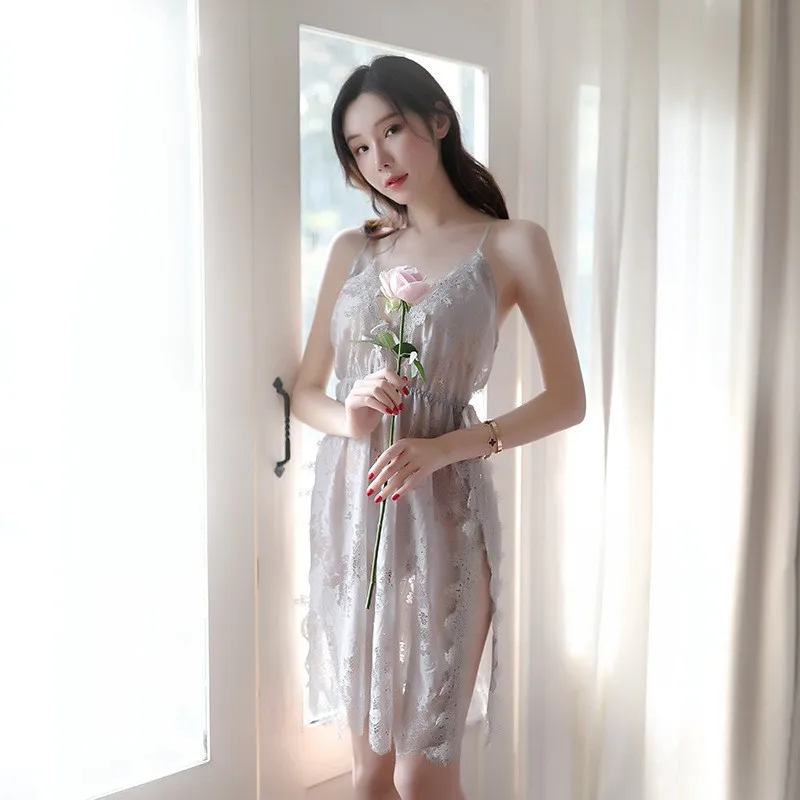 

Sexy Knee Length Women Nightgowns Soft Lace Satin Backless Sling Strap Nightdress Nightwear Home Night Dress With Panty