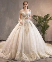2022 luxury wedding dresses boat neck lace embroidery beading bow back saudi arabia princess bridal gowns with long train new