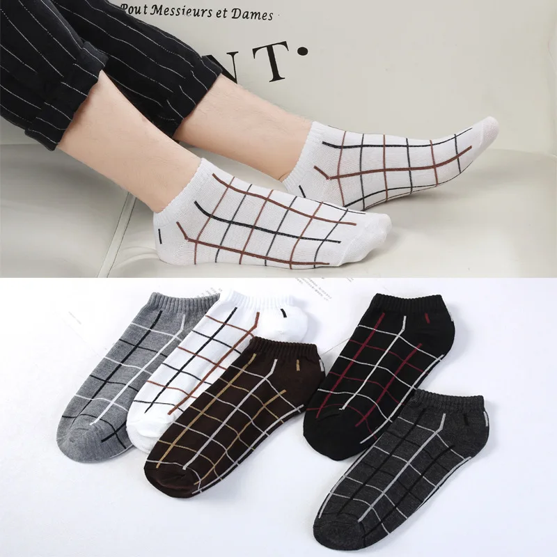 

5 pairs High Quality Men Ankle Grey Business Spring Summer Autumn Brown Striped Adult Check Socks Male Chocolate Short Sox