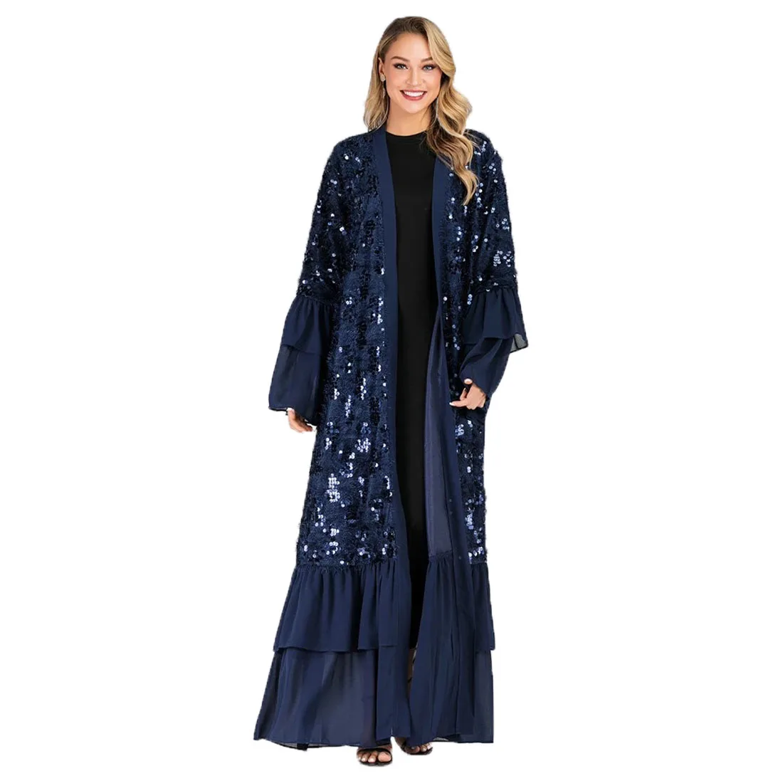 BianFeng Для женщин новый мусульманское шифоновое платье с пайетками Абаи с расклешёнными рукавами кардиган халат свободного кроя, однотонное ...
