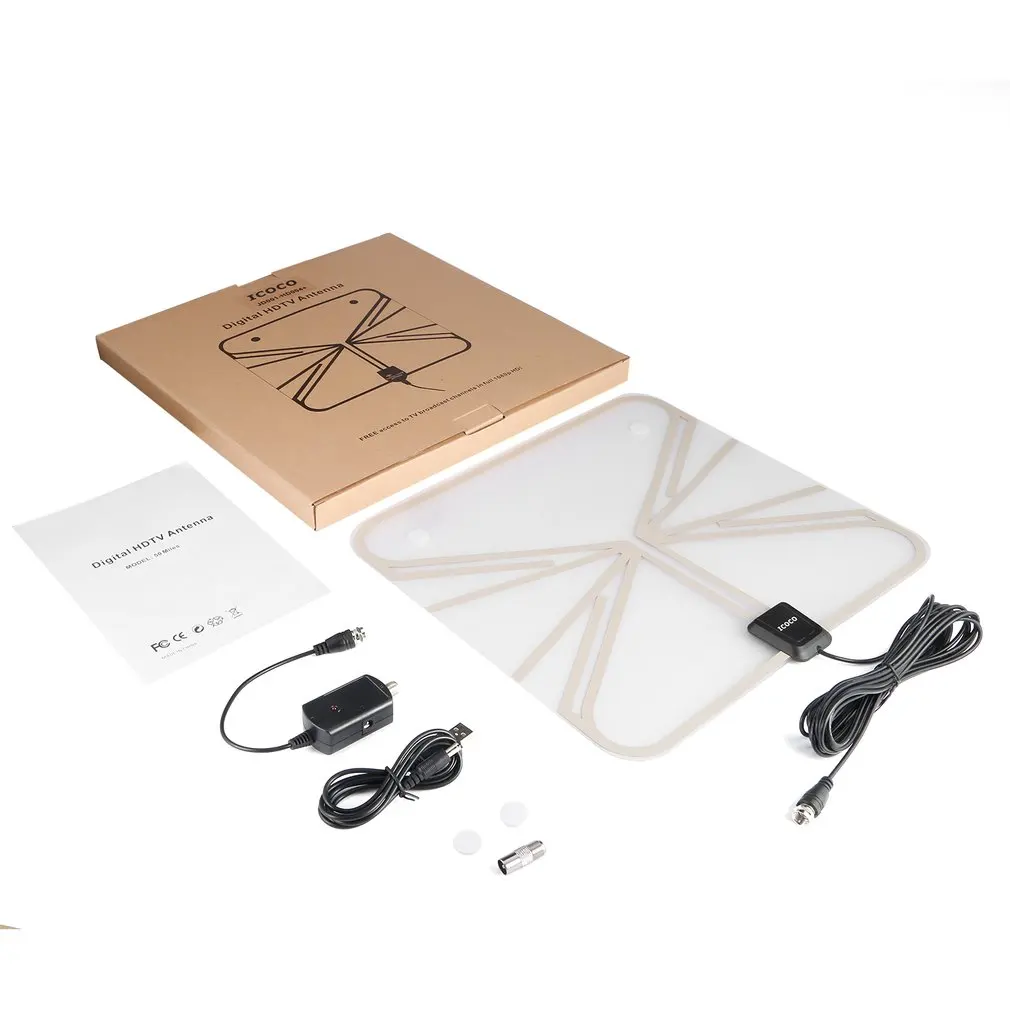 

ICOCO Indoor Ultra-thin Digital HDTV 50 Miles Antenna With Attached 16.5ft Cable Switch Connector External Amplifier