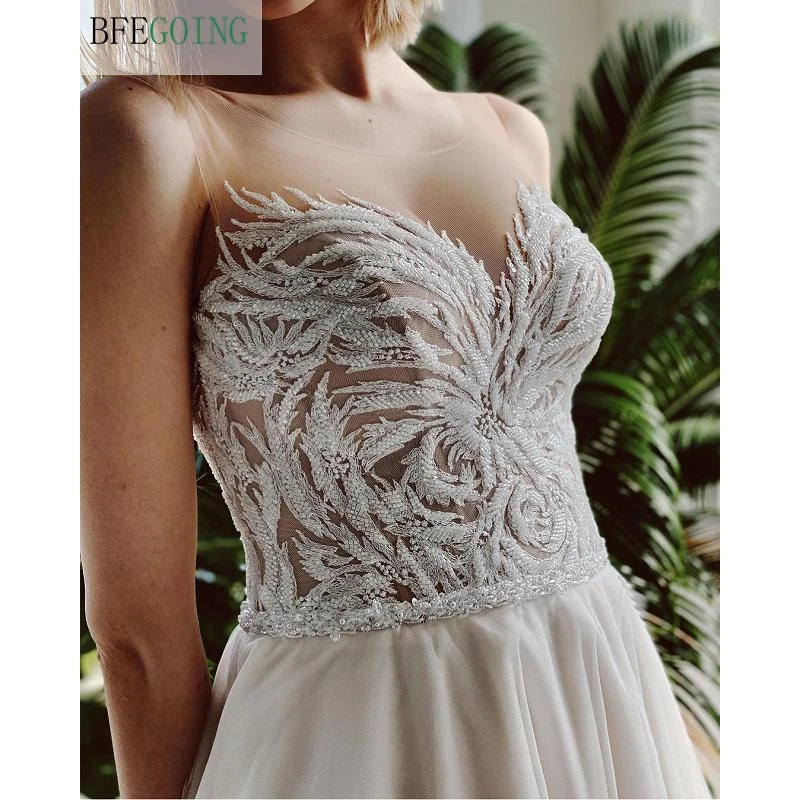 

Champagne Tulle Ivory Lace Beading Sleeveless Floor-Length A-Line Wedding Dresses Chapel Train Custom Made