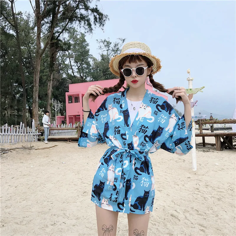 Женское летнее кимоно Свободный кардиган в японском стиле с изображением кота
