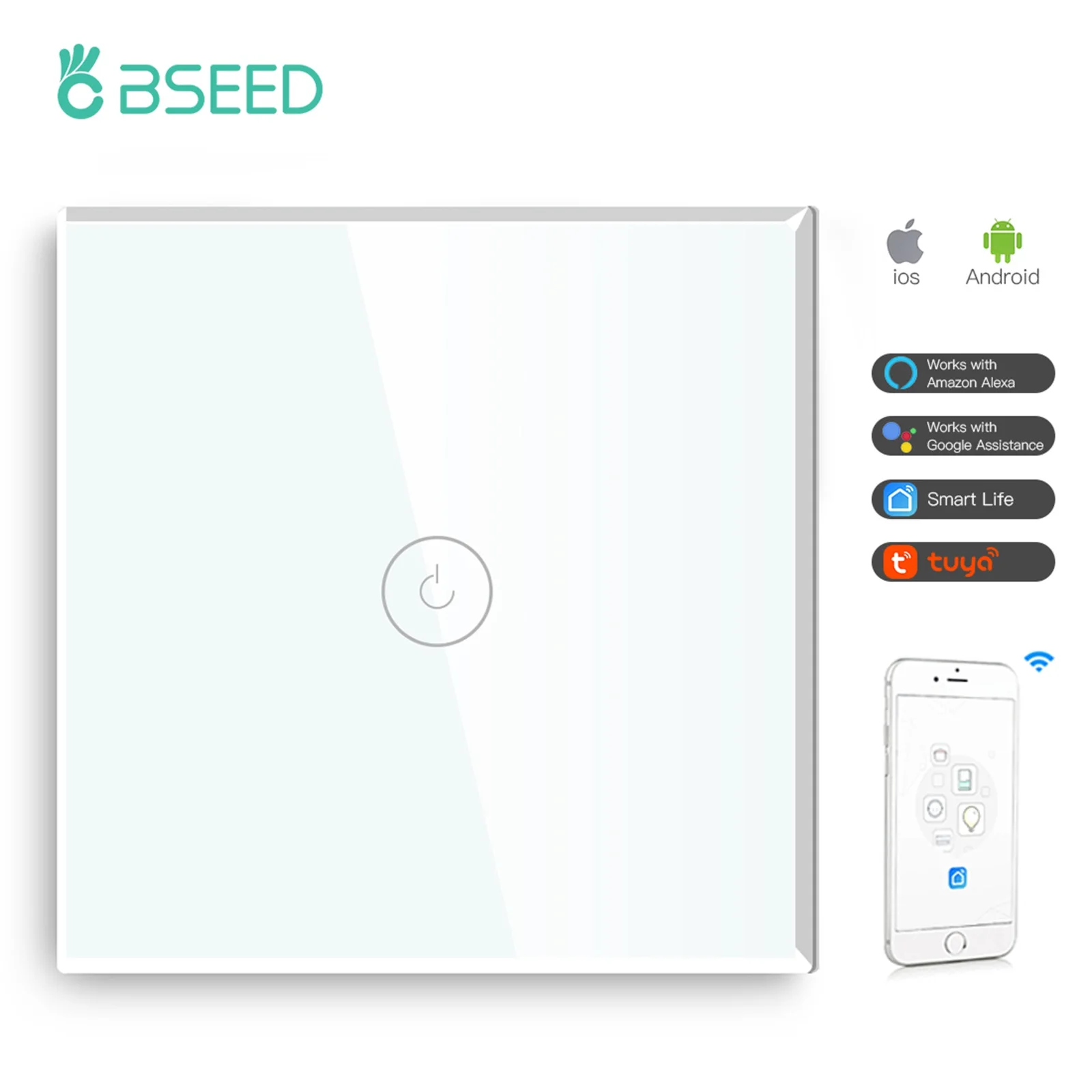 

BSEED Wifi Smart Switches 1/2/3Gang 1/2/3Way Wireless Touch Wall Switch Glass Panel Support Tuya Google Alexa Smart Life Control