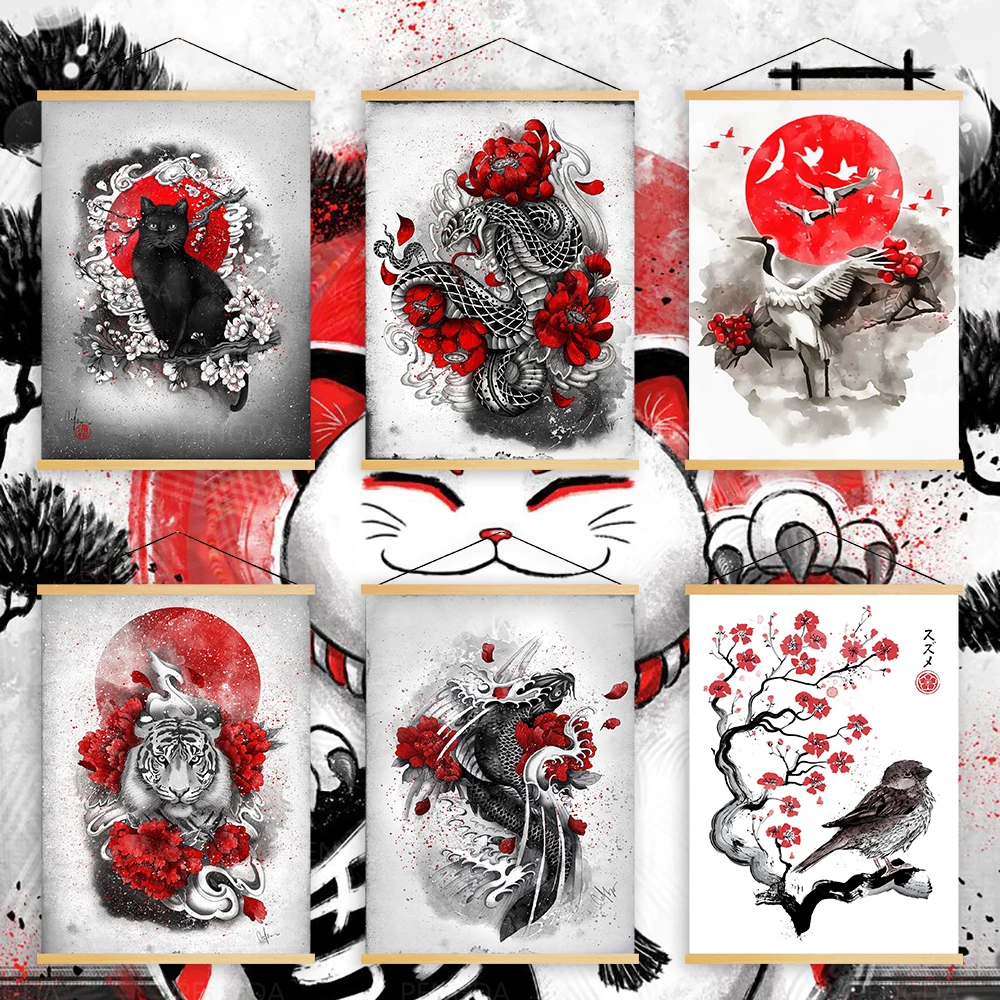 

Home Decoration Japan Retro Wall Artwork Picture Wooden Scroll Hanging Painting Sushi Cat Print Canvas Poster For Living Room