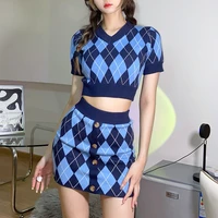 women argyle sweater tshirt y2k plaid knitted streetwear preppy style v neck crop knitwear tank top and skirt for girl