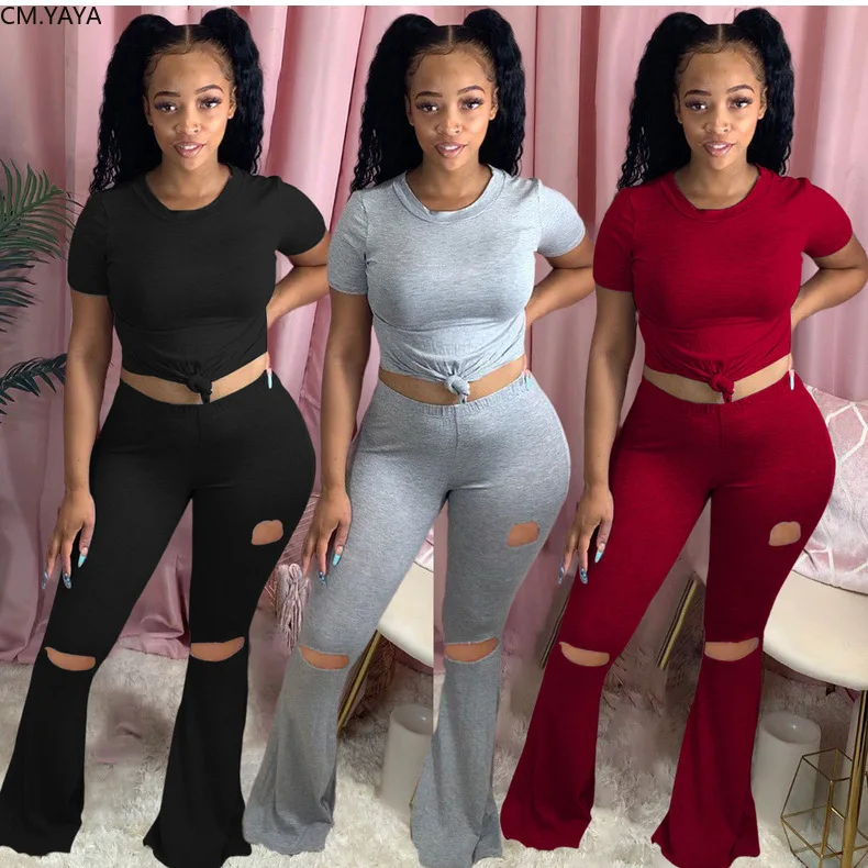 Женский однотонный костюм CM.YAYA Классическая футболка топ широкие расклешенные