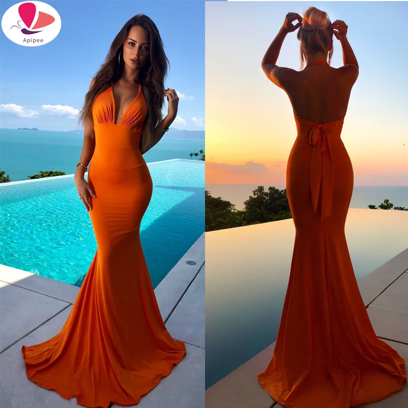 

2021 Summer Maxi Long Party Dress Women Halter Neck Vintage Sleeveless High Mermaid Dress Plus Size Sexy Beach Dress Vestido