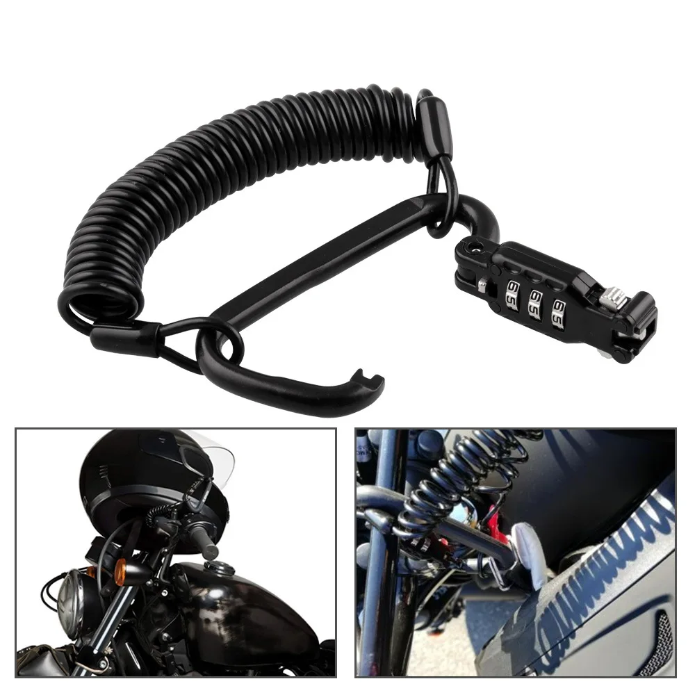 

Motorcycle Helmet Lock & Cable. Sleek Black Tough Combination PIN Locking Carabiner Device Secures Your Motorbike, Bicycle