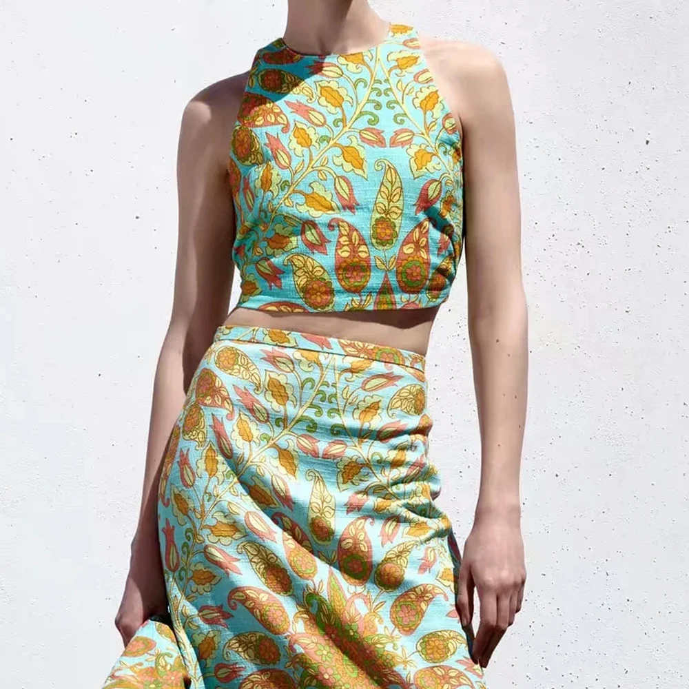 

ZA 2021 summer Women Elegant sexy Navel exposed vest shirt Mujer sleeveless Jumper Printed Blusas Crop floral Short top Femme