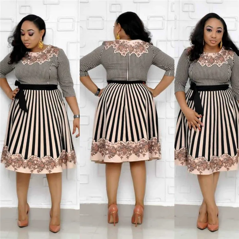 2019 африканские женские миди платья в полоску с цветочным принтом размера плюс