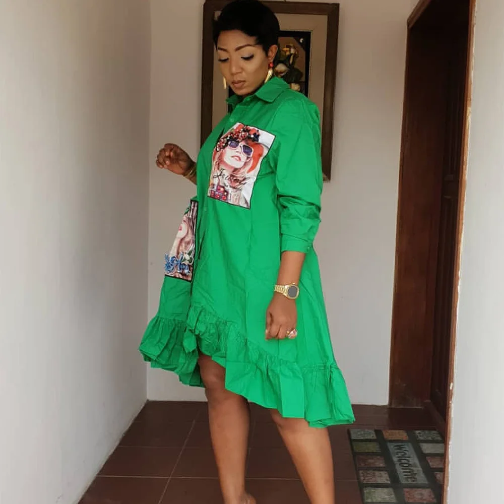 2020 Spring African Dresses for Women Print Clothing Fashion Ruffle Beading Irregular Cotton Shirt Blouse Dashiki Dress | Тематическая