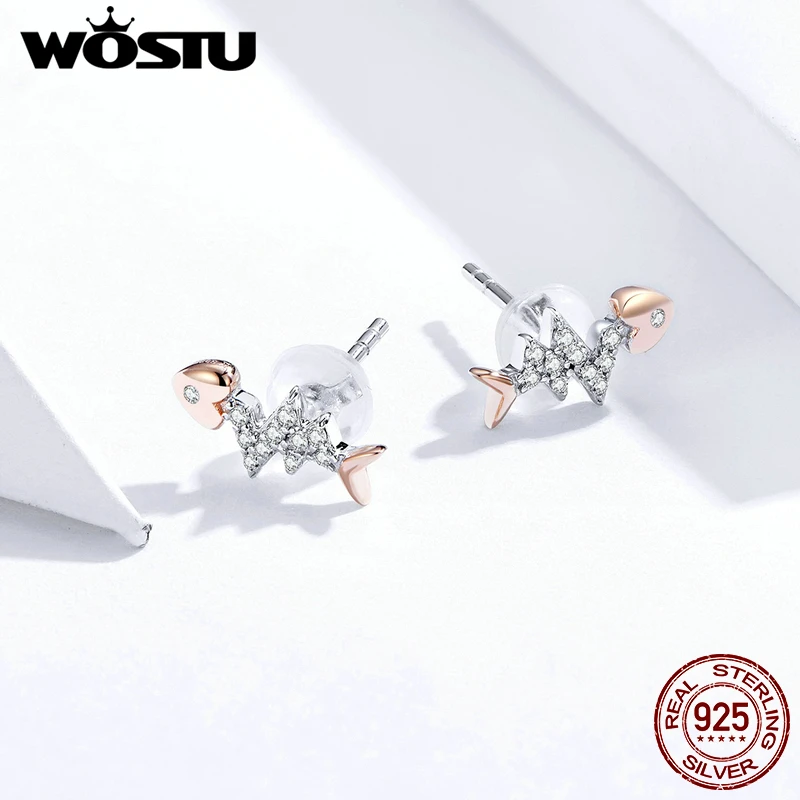 WOSTU 100% настоящее 925 пробы серебряные серьги-гвоздики в форме рыбьей кости для