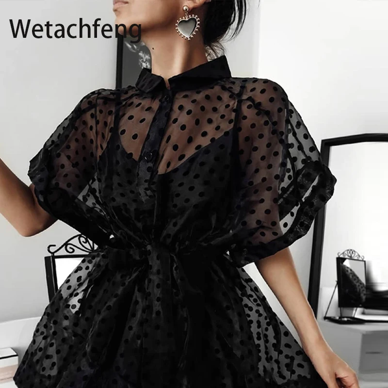Модная рубашка 2020 красное черное платье в горошек с поясом Сетчатое Прозрачное