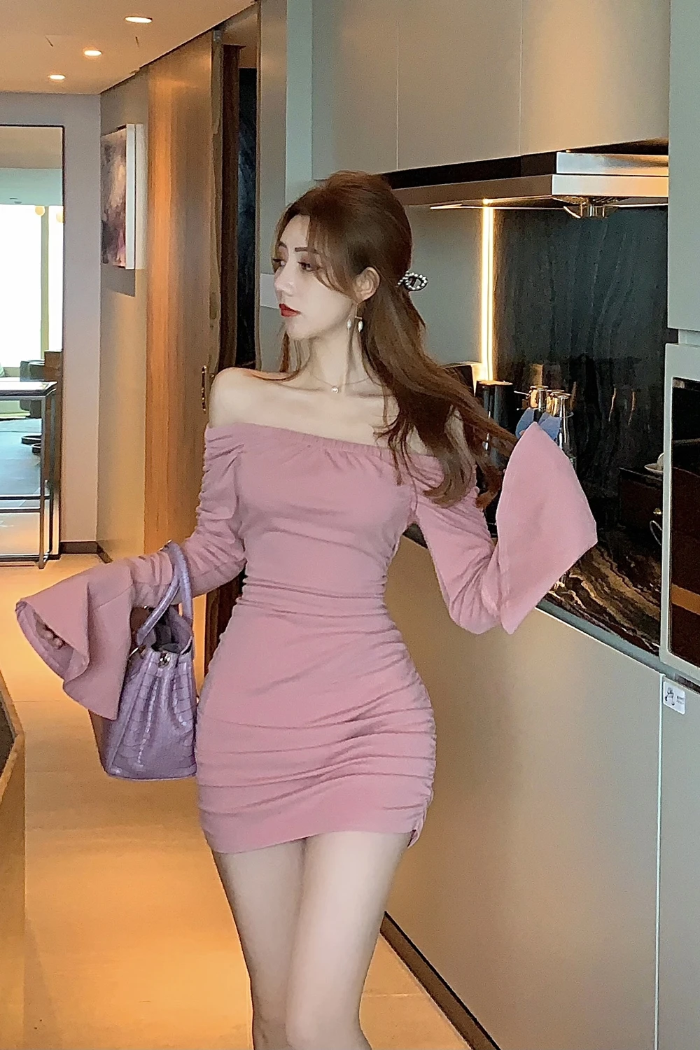 

Autumn Spring Slash Neck Off Shoulder Women Dress Flared Long Sleeve Slim Waist Cotton Dresses Solid Pink Pack Hip Sexy Dress