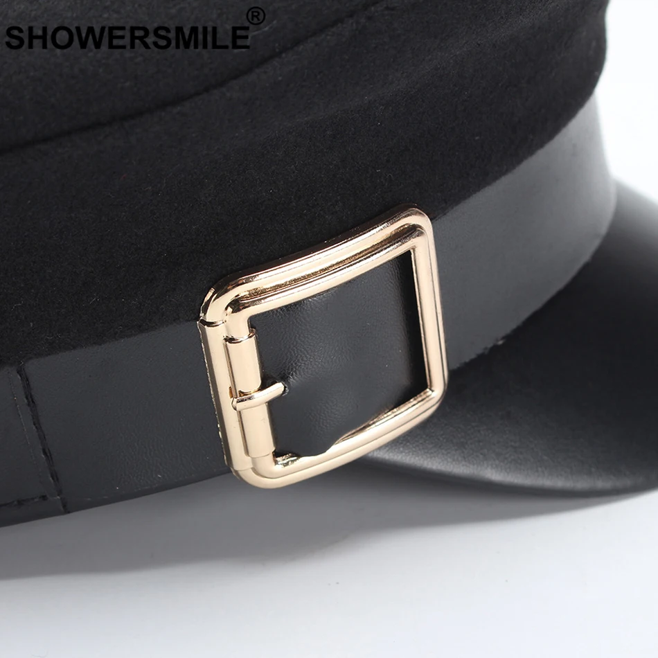 SHOWERSMILE, женская военная шапка, шерстяная, осенняя, женская, плоская, Армейская, с пряжкой, французская, кожаная, с полями, для женщин, черная, капитан, моряк, шляпа
