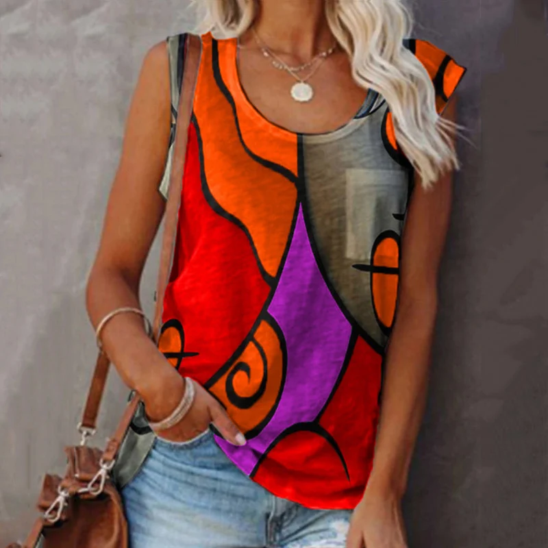 

Summer Clashing Colors Sleeveless Tank Tops for Women Y2K Clothing Plus Size Casual Loose Vest Female O-neck Tee Shirts 2021