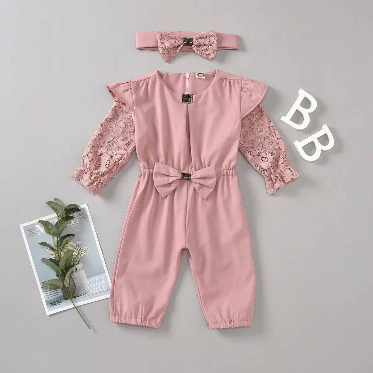 

2pcs Baby Clothes Sets Round Neck Lace Long Sleeves Bowknot Rompers Back Zipper Jumpsuit With Headband Outfits For Girls