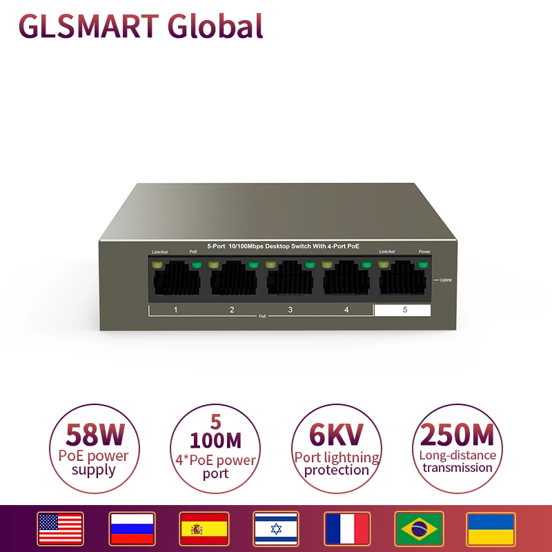 Сетевой коммутатор Ethernet Φ 5-Port 250M стабильный источник питания PoE на большие
