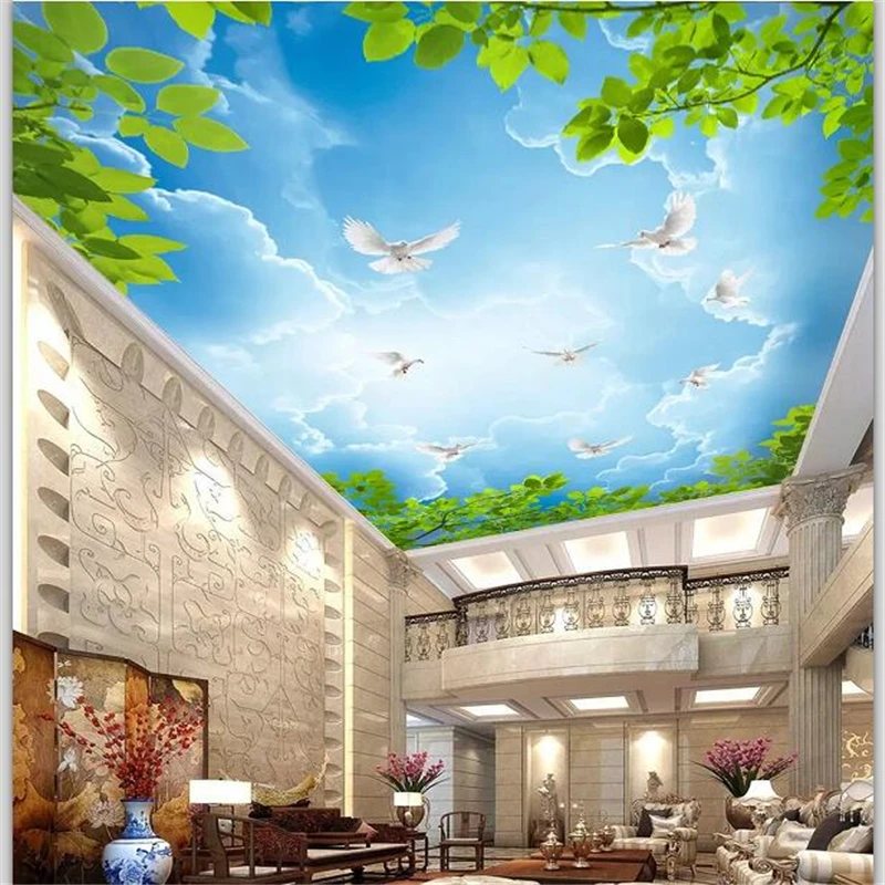 

Drop Shipping Custom Wallpaper 3d Large Mural Dreamy Sky Twig Leaves White Dove Ceiling Zenith Mural 3d Papel De Parede