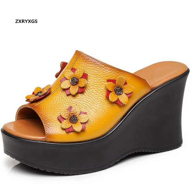 

Top Cowhide Flowers Fish Mouth Summer Shoes Woman Leather Slippers Fashion Sandals 2020 Increase Wedges Slippers Women Sandals