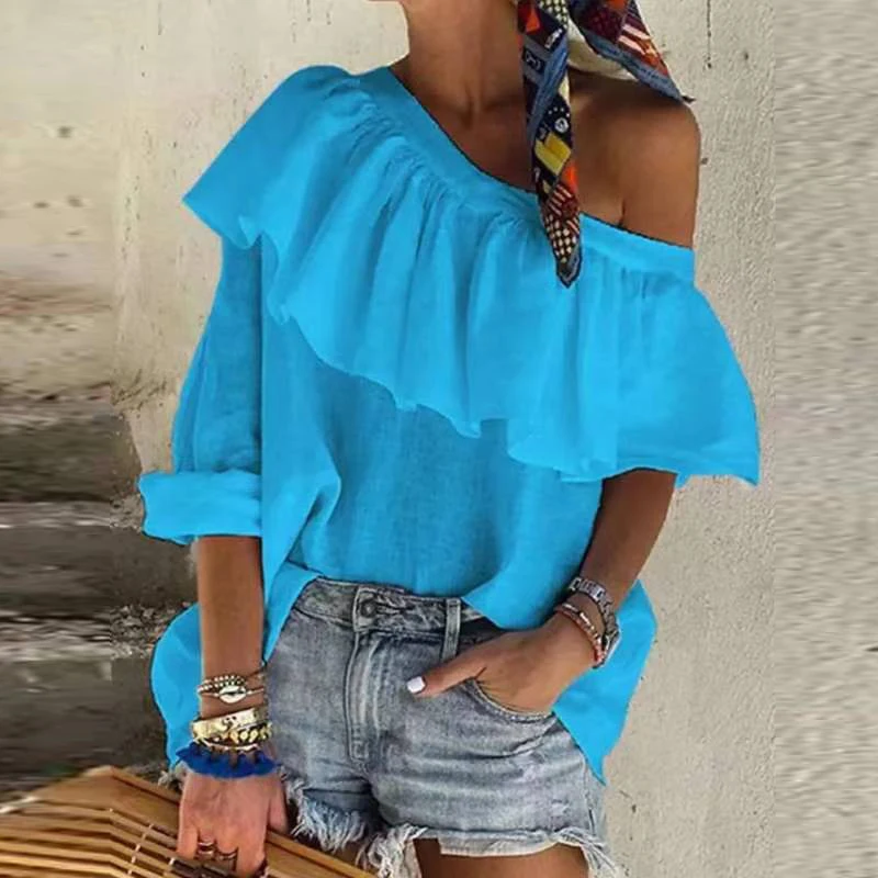 

Sexy Ruffle Short Sleeve Loose Blouses Shirts Women Elegant Off Shoulder Pullover Tops Casual Solid O Neck Blusas Streetwear 2XL
