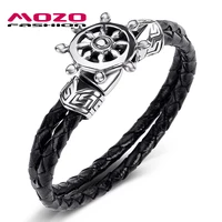 2020 new men jewelry black genuine leather bracelet stainless steel punk boat rudder charm simple women bangles