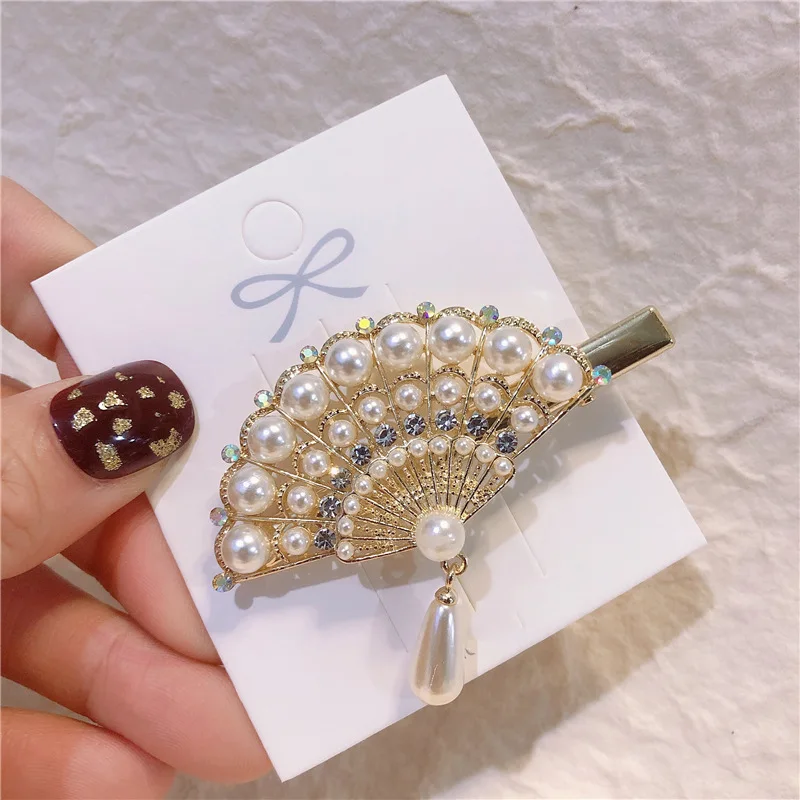 

Simple headdress, versatile, fan-shaped pearls, rhinestone duckbill clip, Liu Haibin clip hairpin clip hair ornament
