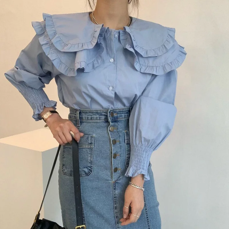 

COIGARSAM Cute Loose Shirt Womens tops Single Breasted Peter pan Collar Women shirts White Blue 2445