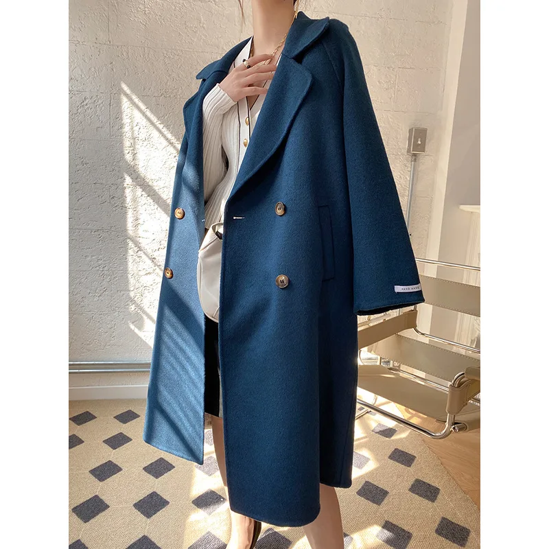 

Элегантное женское осенне-зимнее пальто из 100% шерсти, модное однотонное двубортное свободное кашемировое пальто средней длины, Женское шер...