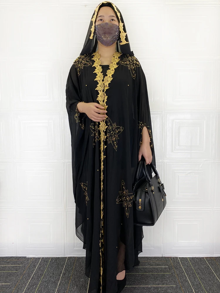Muslim Open Black Abayas For Women Dubai 2021 Turkey Islam Diamonds Hijab Dresses Large Size Afican Evening Party Long Robe