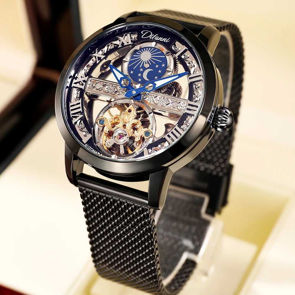 Luxury Men Automatic Watches Business Hollow Mechanical Watch Men Waterproof Full Steel Wristwatch Male Moon Relogio Masculino