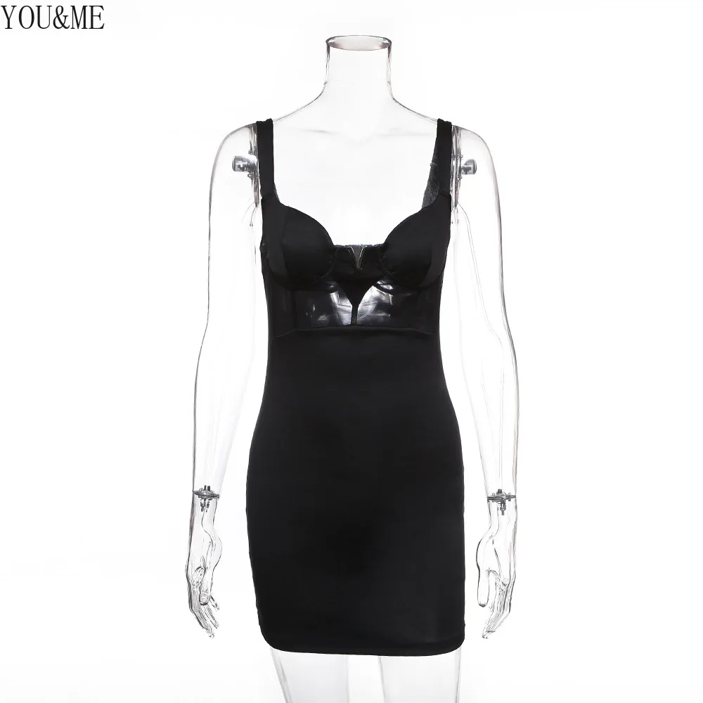 Женское Бандажное платье черное облегающее из вискозы с сетчатой вставкой для