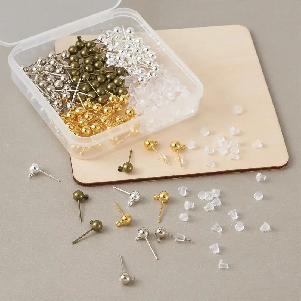 120pcs/box Mixed Color Brass Ball Post Stud Earring Findings with Loop and Plastic Ear Nuts For DIY Jewelry Making Accessories | Украшения