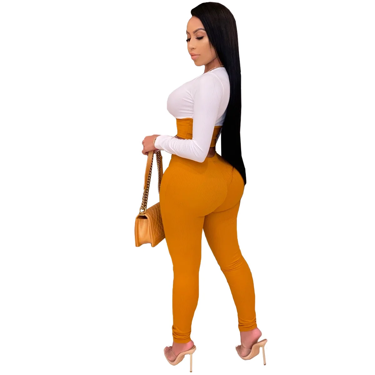 

Women's Casual Tight Suit Rompers Stitching Long-sleeved Top Sports Knit Pants Two-piece Suit Bodycon Fall Clothes for Women